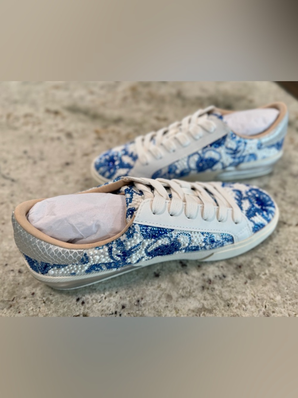 Betsey Johnson White and Blue Beaded Floral "Damon" Sneakers "NEW" - Picture 5 of 17